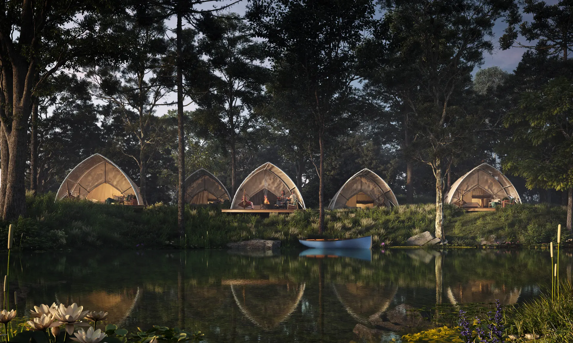 Lakeside glamping tents at dusk