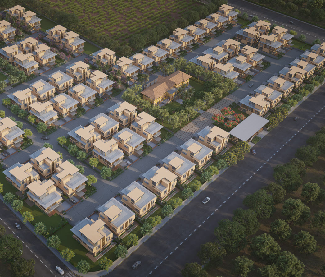 Aerial view of Medhaansh @ Shela Extension plotted community at dusk